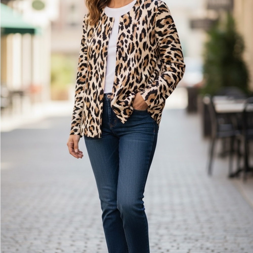 Chelsea & Theodore Women Animal Print Coat Large Topper Leopard Jacket Size L